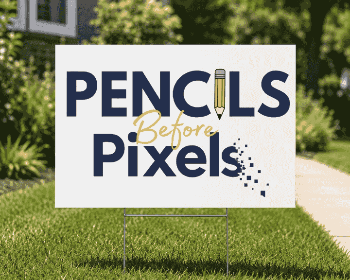 Pencils Before Pixels yard sign